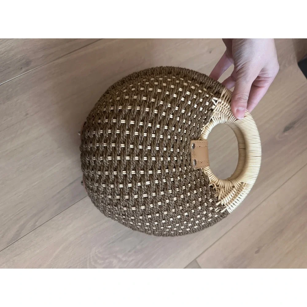 Woven Round Straw Handbag Brown Cream Rattan Ring Handle Boho Summer Circle Bag - Picture 2 of 6